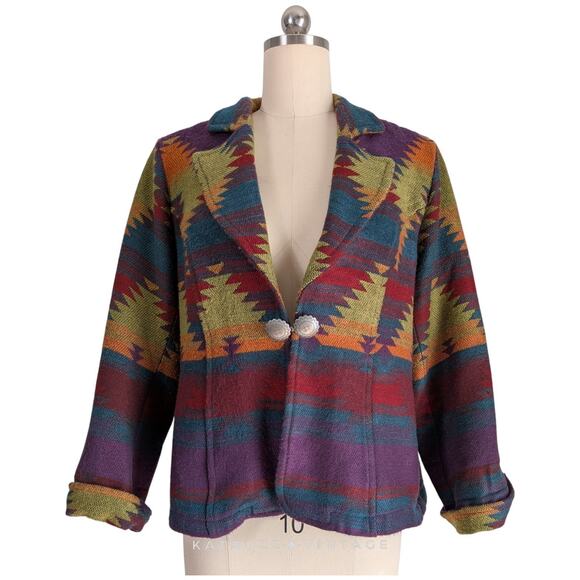 Vintage Southwestern Jacket Blazer 1X Green Purple Mutli West Geometric Concho - Picture 1 of 15